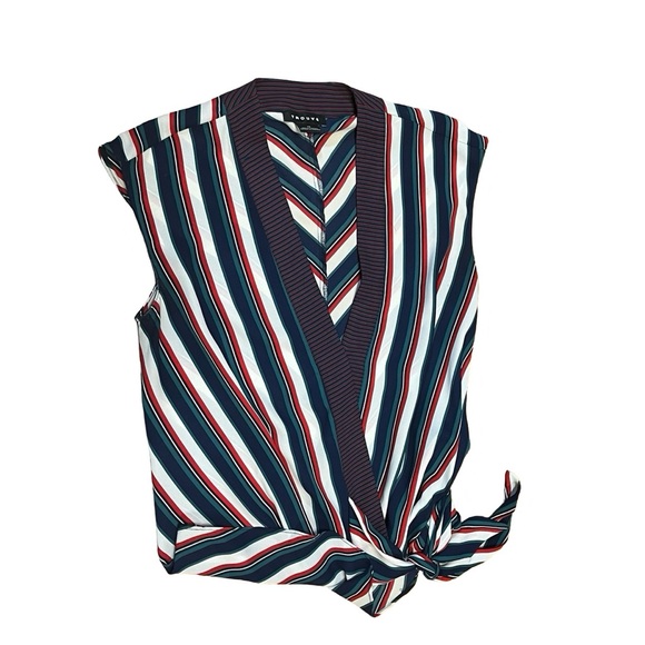 Trouvé Top V Neck Wrap Style Blouse Sleeveless Striped Tie Front Sz XS Workwear - Picture 1 of 5